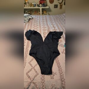 Black One-Piece Swimsuit Ruffle Sleeves